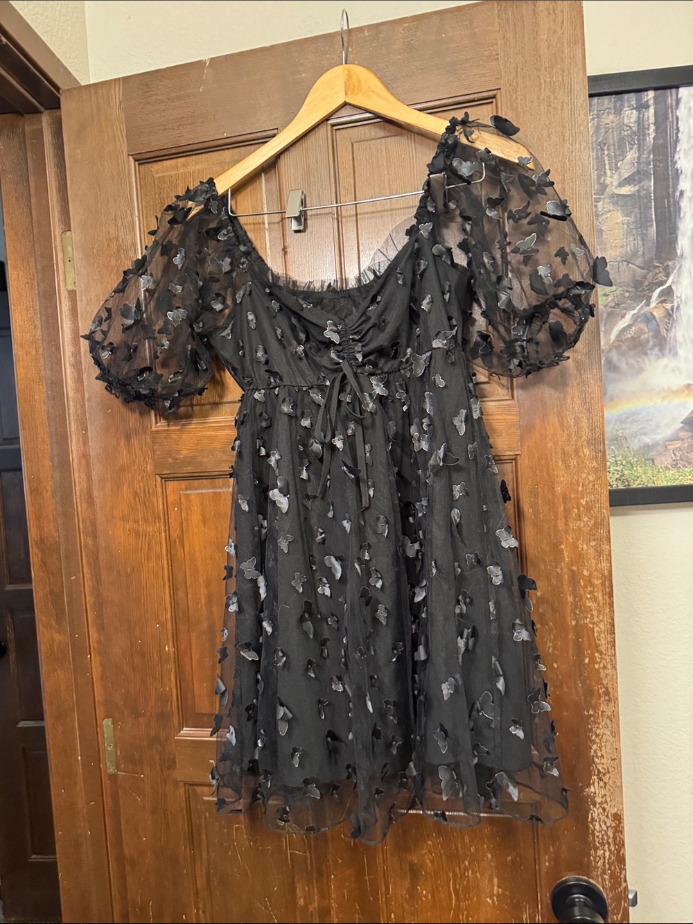 Black Butterfly Appliqué Puff Sleeve Dress